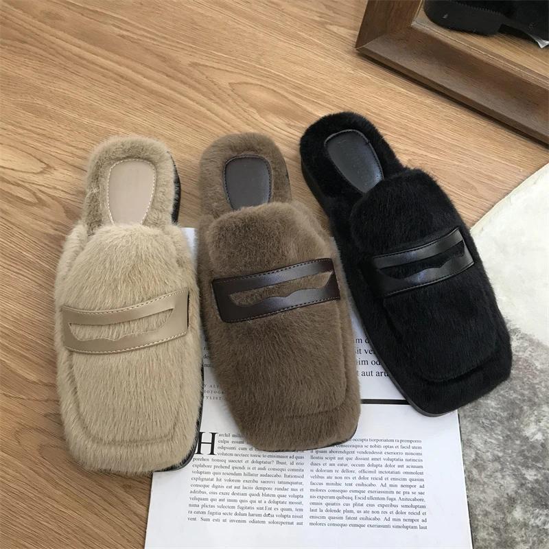 Fashion Women's New Korean Version of Fluffy Slippers with Soft and Fluffy Toe Cover, Fashionable and Warm Half Slippers for Lazy People