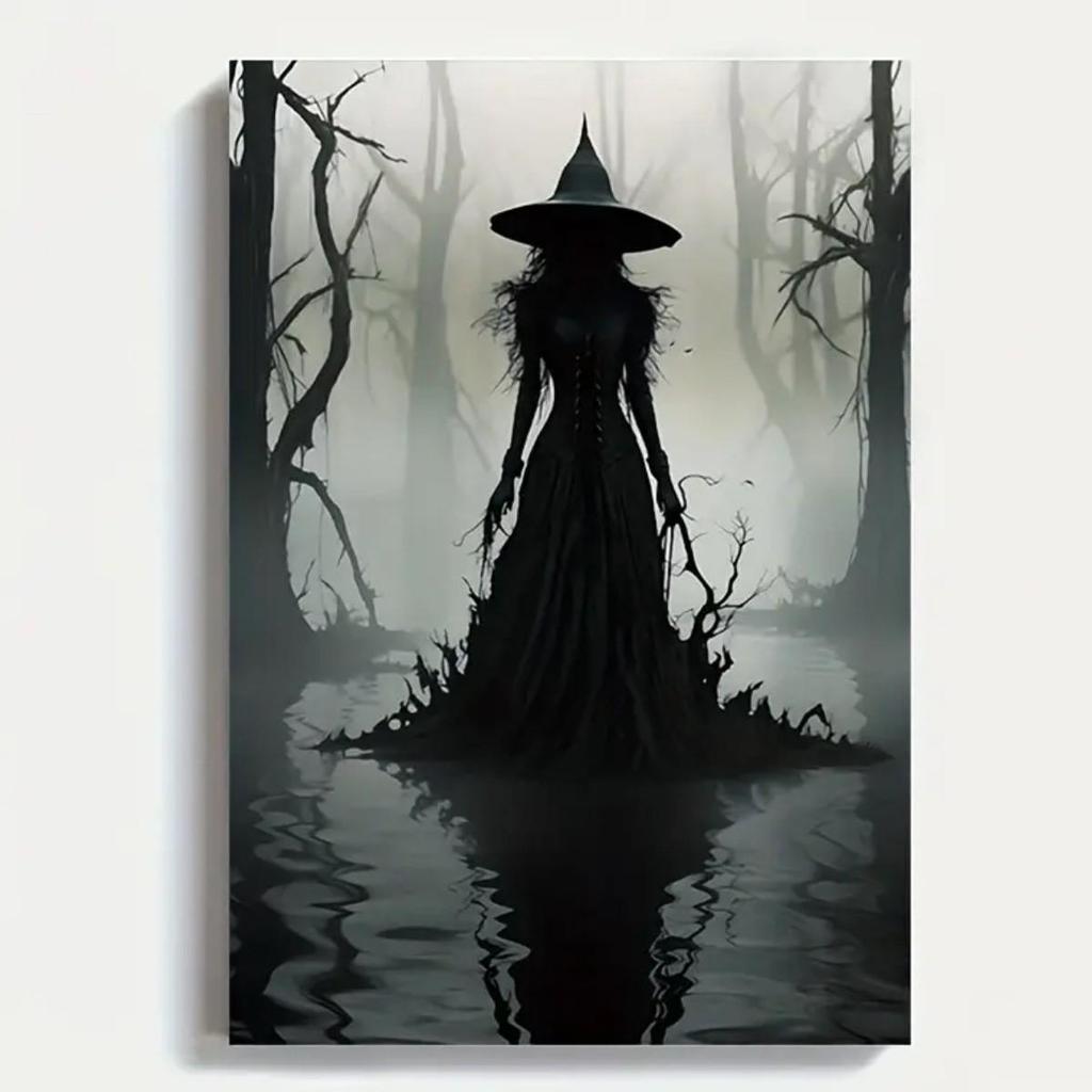 Halloween Witch Decorative Oil Painting on Canvas with Pine Wood Frame
