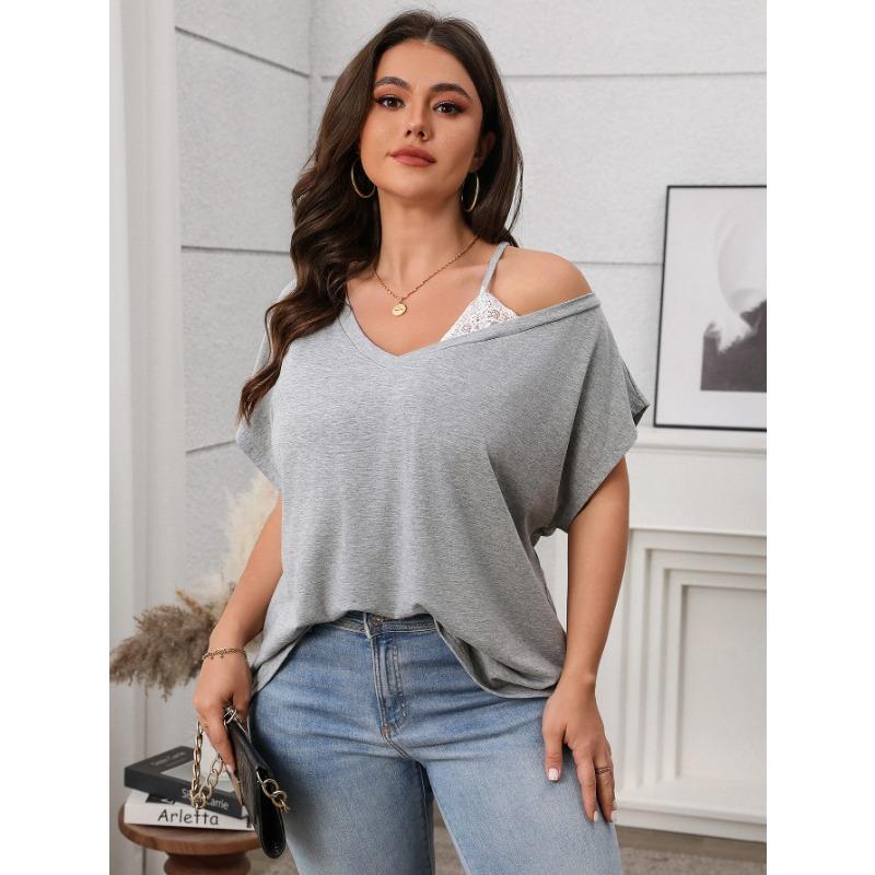 

Плюс Размер Женский Летний Повседневный Однотонный Топ С Косым Плечом Рукавом Летучая Мышь 2XL серый