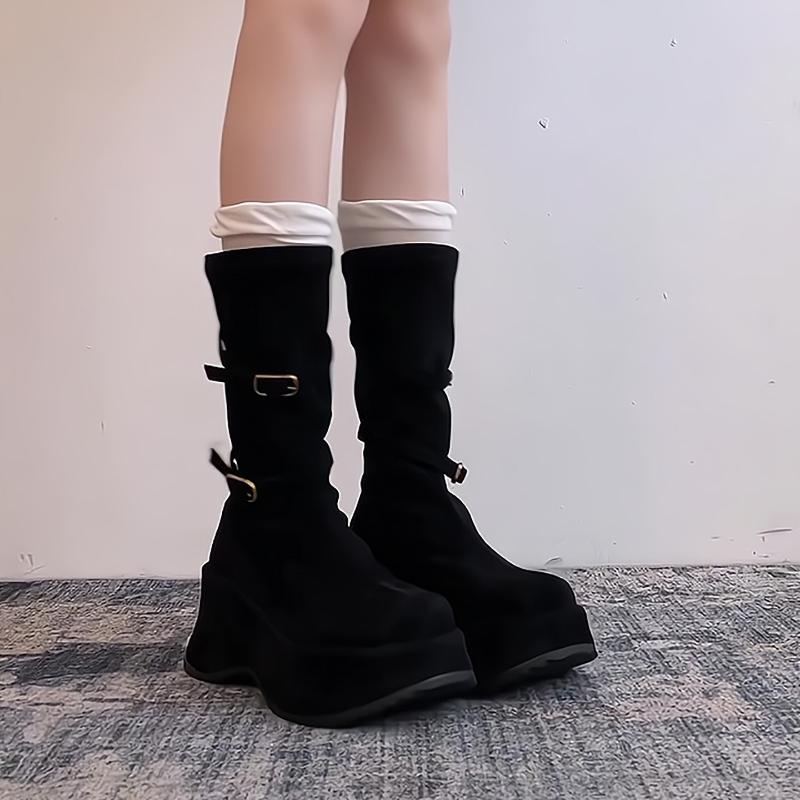 Fashion Autumn Winter Vintage Thick Sole Women Mid Calf Boots Fashion Round Toe Stripper Party Shoes Stretch Slim Botas Para Mujer