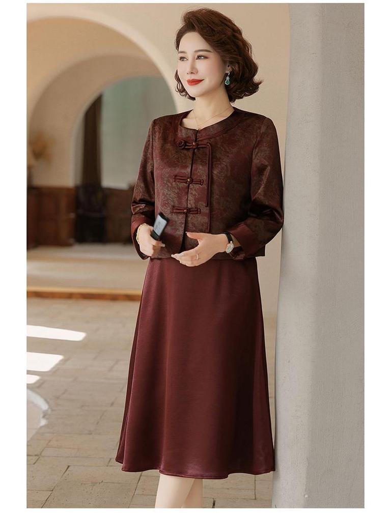Spring & Autumn Chinese Style Two-Piece Set: Elegant Coat and Mid-Length Skirt for Middle-Aged Women
