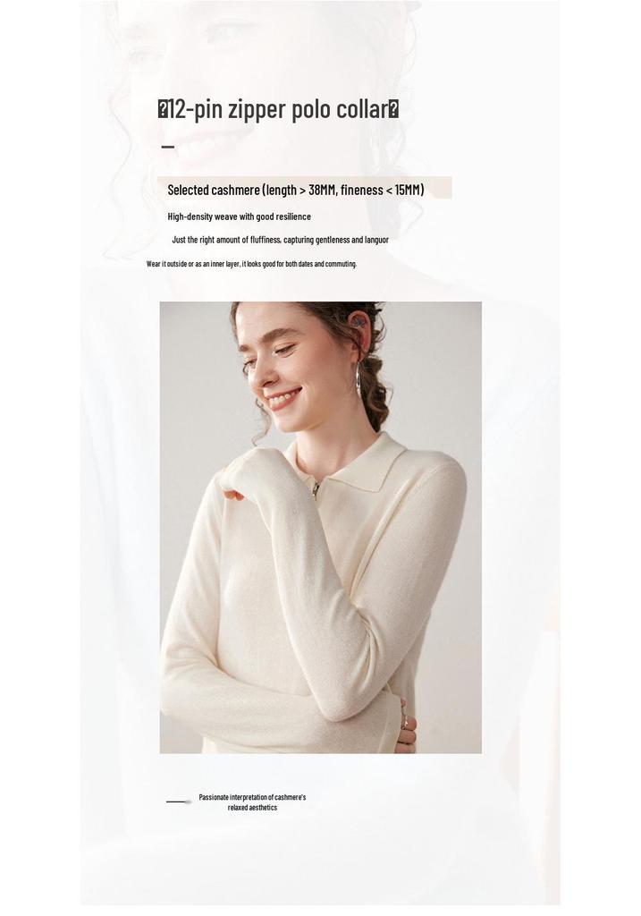 Women's Cashmere Polo Neck Half-Zip Sweater - Elegant Solid Color Knit Base Layer