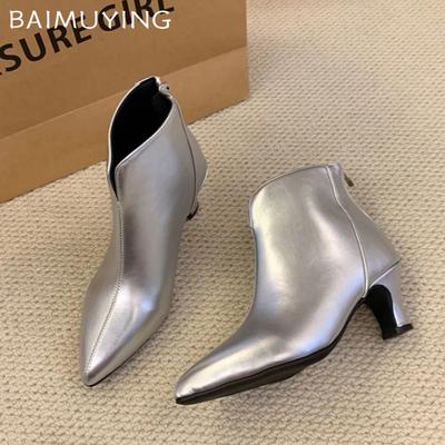Pointed Toe Ankle Boots for Women Mid Heels Luxury Leather Shoes Woman 2025 Trend Winter Pumps Goth Snow Chelsea Botas Mujer