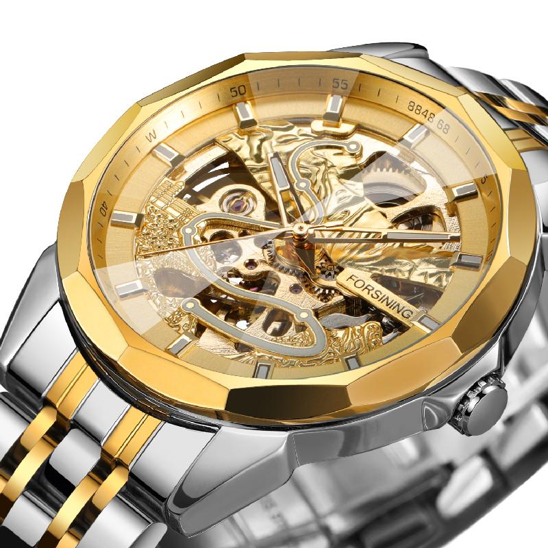 New Skeleton Automatic Mechanical Men Wrist Watches Diamond Cut Crystal Luxury Solid Stainless Steel Band Deployment Clasp