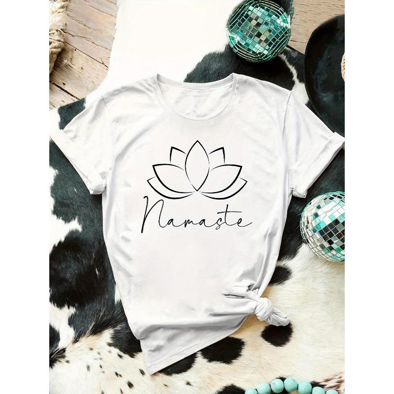 Europäische Größe für Lotusblume Namaste Grafikdruck T-Shirt, Kurzarm Rundhals Lässiges Oberteil für Sommer & Frühling, Damenbekleidung