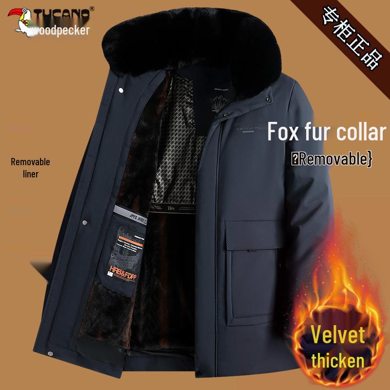 Men's Woodpecker Plus Velvet Mid-length Jacket with Hood, Detachable Liner, Cotton Winter Coat for Middle-aged and Elderly