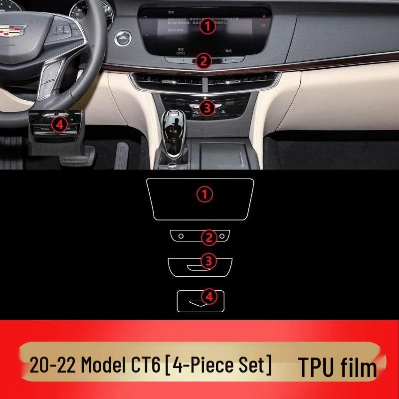 New Cadillac CT6 Interior TPU Protective Film: Center Console, Gear Shift, and Navigation.