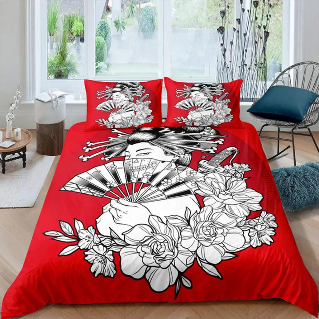 Japanese Geisha King Queen Duvet Cover Red Woman Bedding Set For Kids Teens Adults Koi Fish Eastern Culture 2/3Pcs Quilt Cover