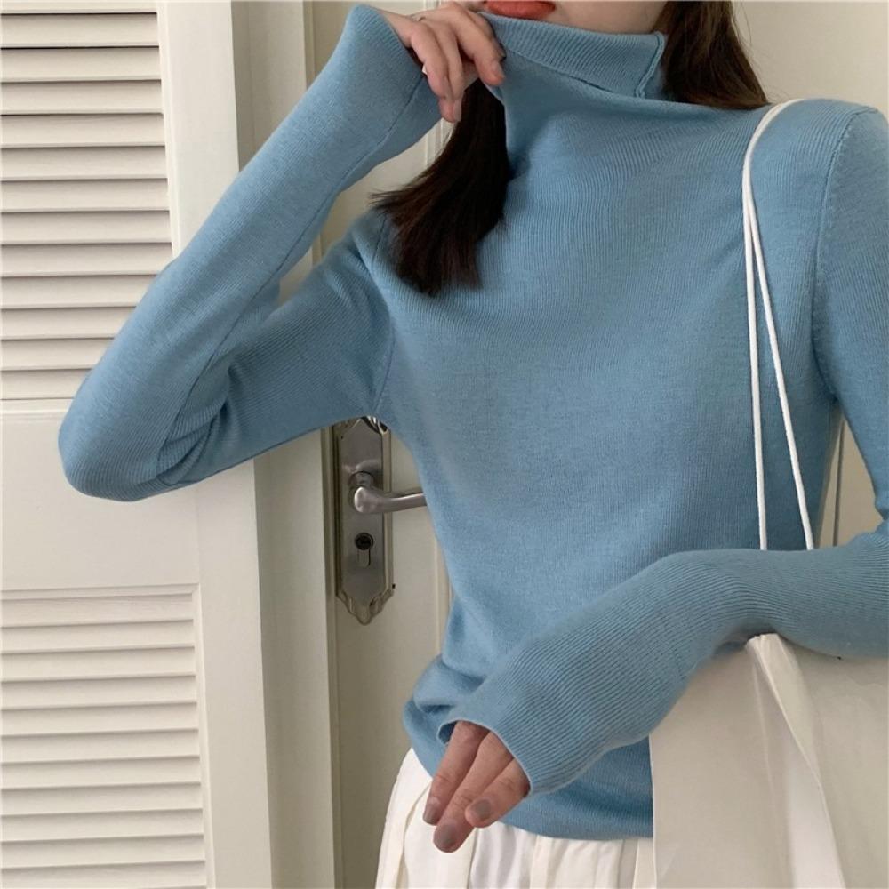 Piled Collar Solid Color All-match Knitted Sweater Women's Autumn and Winter Western-style Slim-fit Coat Inner Knitted Base Shirt