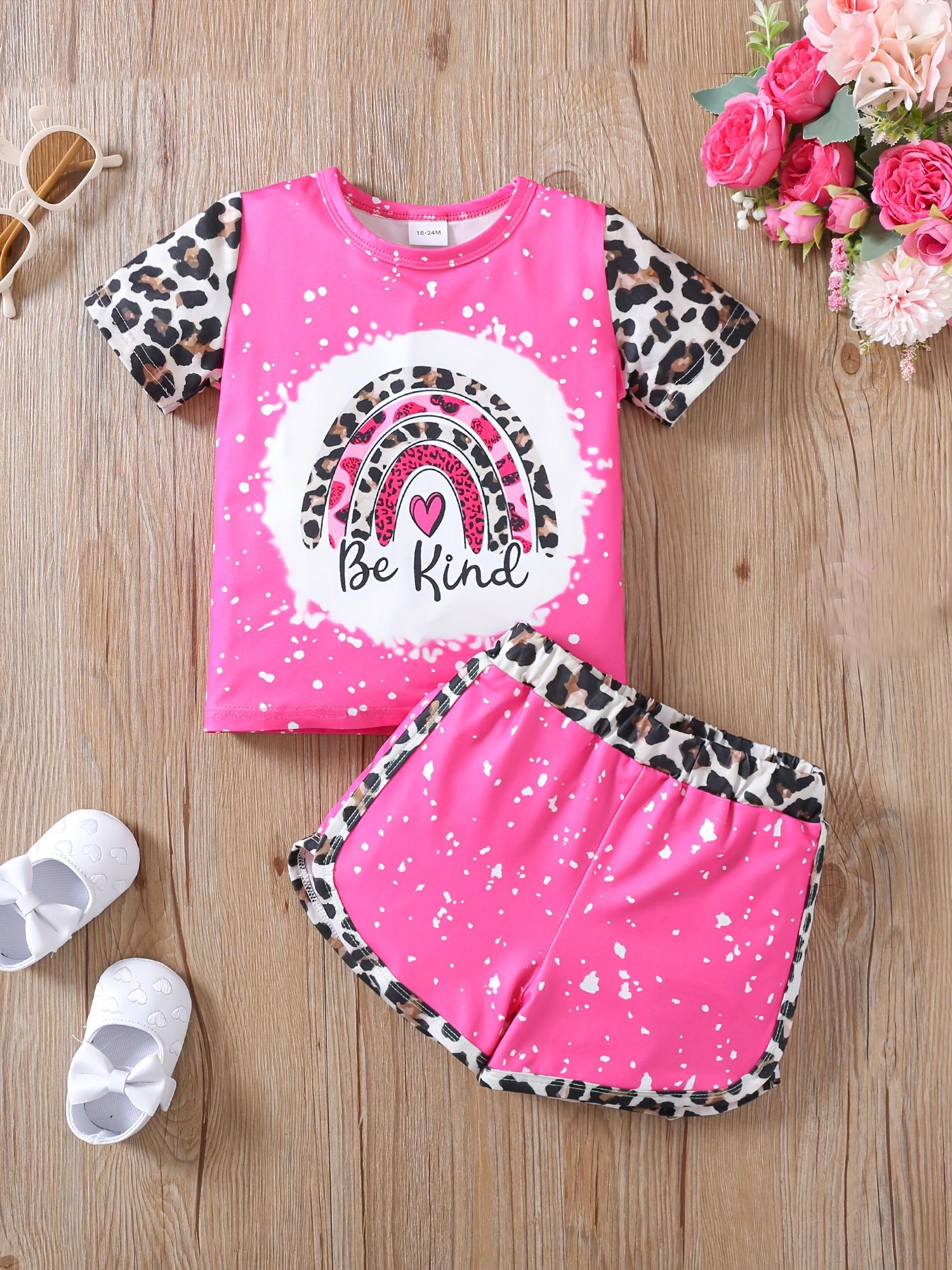 Girls Summer Two-piece Outfit Rainbow Snowflake Leopard Print Spliced Top and Shorts Casual Set 18-24M