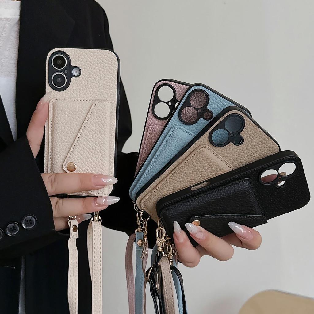 iPhone 17 Case: Lychee Pattern Leather Crossbody Lanyard Card Holder Protective Case for Apple 14 Pro