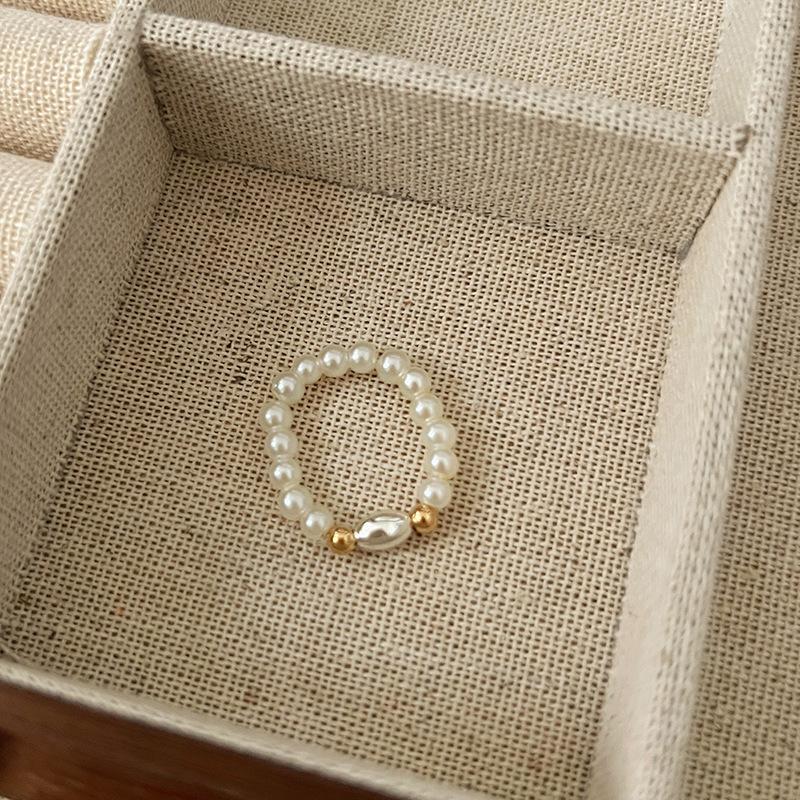 Pearl Beaded Ring Women's Elastic Rope Literary Stacking Index Finger Ring High-end Handmade Ring Jewelry