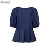 ZANZEA Womens Casual Round Neck Puff Sleeve Solid Color Loose Blouse