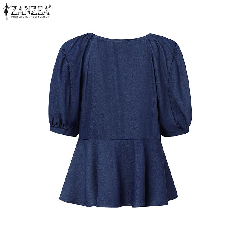 ZANZEA Womens Casual Round Neck Puff Sleeve Solid Color Loose Blouse