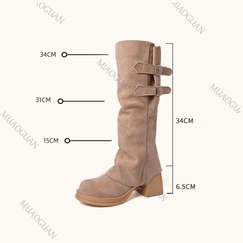 Fashion Retro Fashion Removable Two Wear Suede Knee High Long Boots Chunky High Heeled Women's Shoes 2025 Autumn Solid Thigh-high Boots