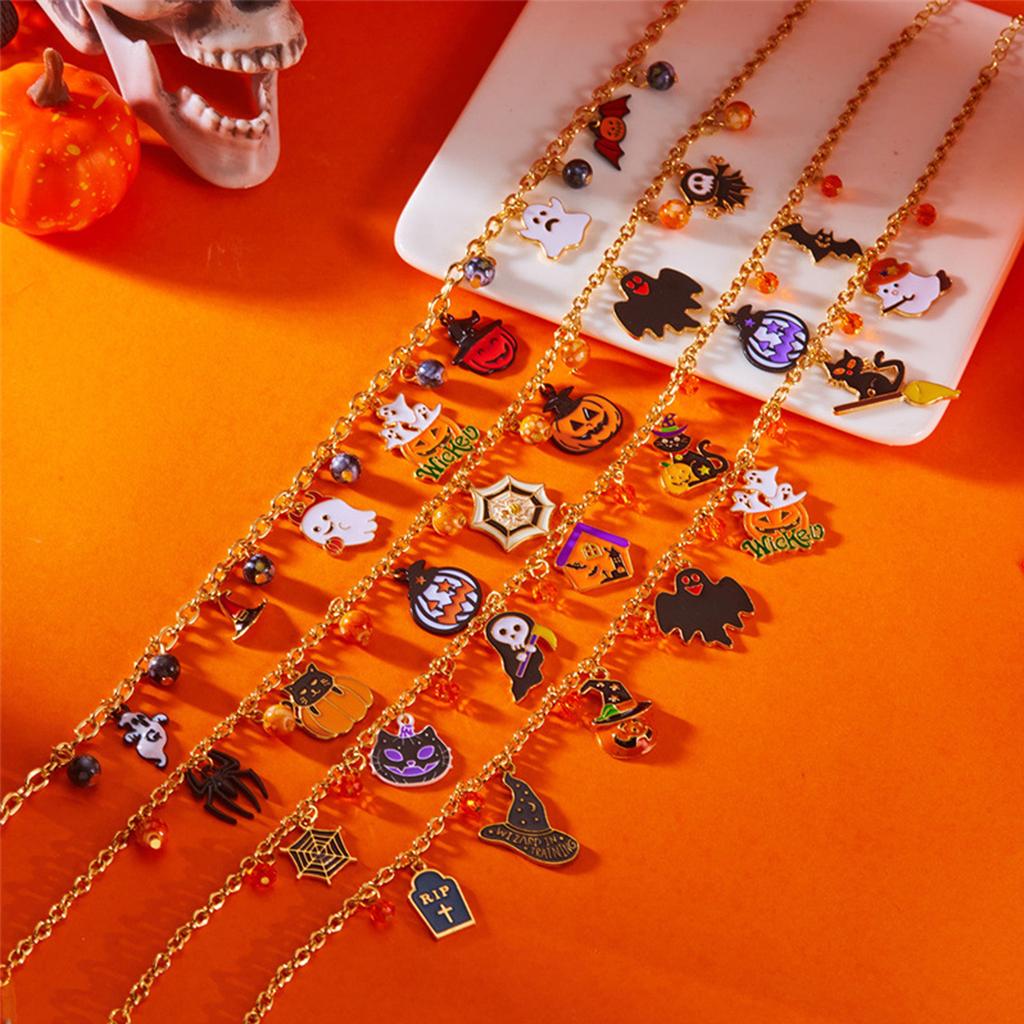 Halloween Enamel Pendant Necklace18K Gold Plated Chain W/ Pumpkin Ghost Bat Charms Adjustable 37cm+5cm Party Costume Jewelry Gif