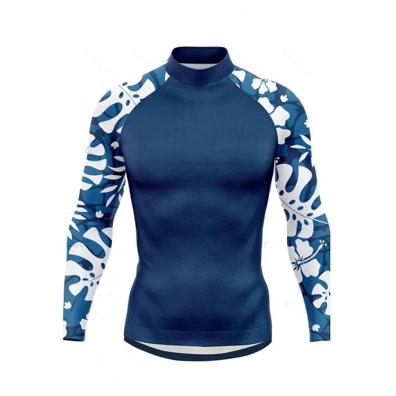 Mens Long Sleeve Rash Guard With Navy Floral Print UV Protection Surfing Outdoor Activities