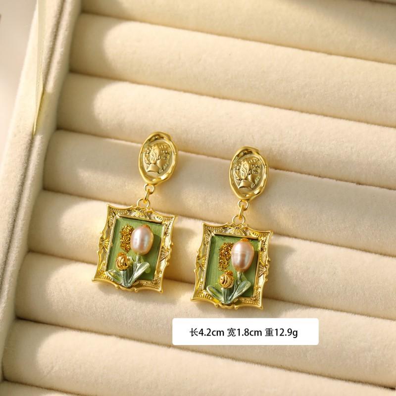 Handmade Baroque Pearl Earrings With Impressionist Garden Design Post Copper Base Matte Gold Green Finish