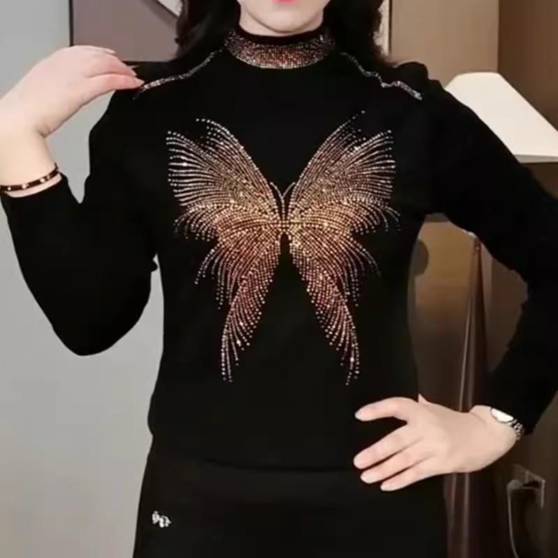 Autumn/Winter Rhinestone Leaf Long-Sleeve Slimming Warm Shirt for Middle-Aged and Elderly Moms