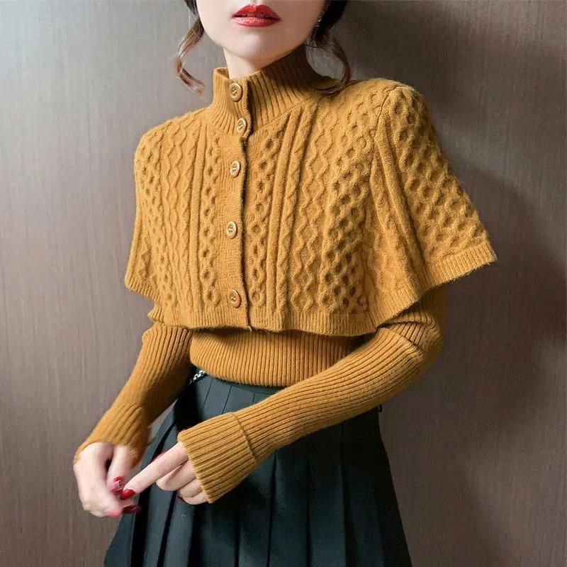 Temperament Cape Knit Two Piece Set Women Fashion V Neck Long Sleeve Pullover Sweater Stand Collar Knit Cardigan Shawl Suits
