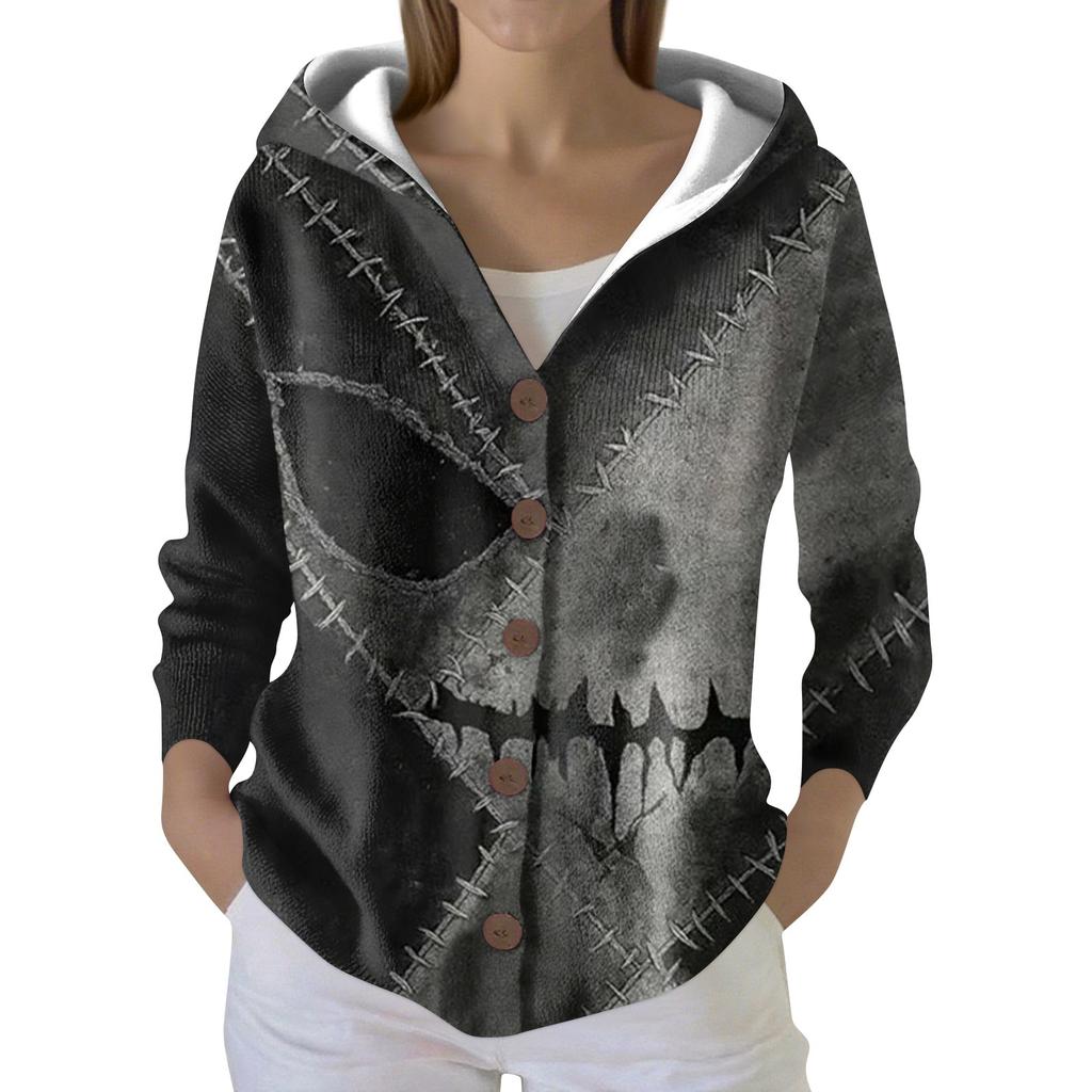 Mote for kvinner, avslappet genser, knappestrikkejakke med trykk, hettejakke