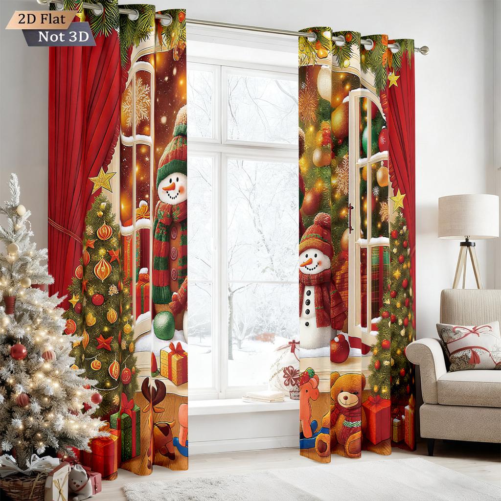 2Pcs Merry Christmas Snowman Print Blackout Curtains In Multiple Sizes Living Room Insulation Holiday Decoration Easy To Install