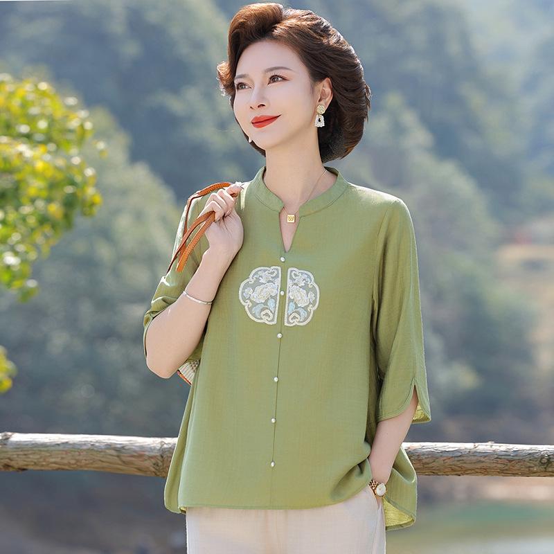 

Retro Chinese-Style Cotton Linen T-shirt & Blouse Set for Middle-Aged Women - Summer Fashion 2026 4XL (For 145-160 kg)