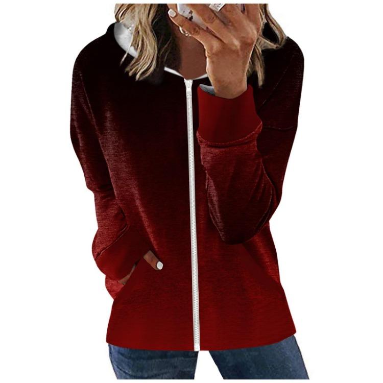 Женская модная повседневная толстовка с длинным рукавом, градиентная, на молнии, с капюшоном и карманом L винный