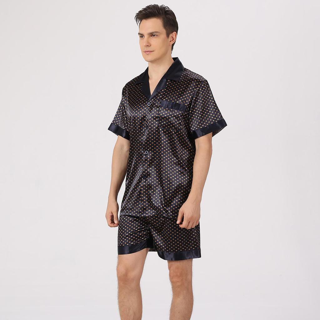 Men's Plus Size Summer Pajama Set: Loose European Fit, Lapel, Solid Color, Short Sleeve & Shorts