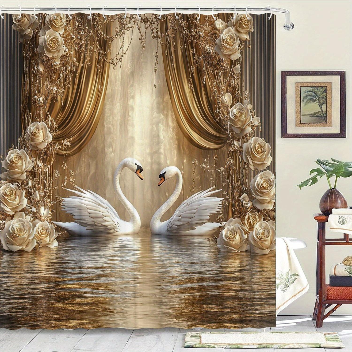 

Swan Floral Pattern Washable Dirt-Resistant Shower Curtain Shower Head Waterproof Polyester Bath Curtain For Home Decor W60H190(CM)-1 Pcs