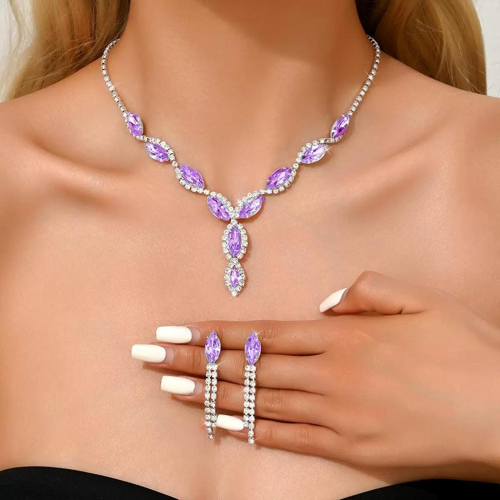 Full Diamond Rhinestone Necklace Earrings Two-Piece Set Banquet Dress Necklace Accessories