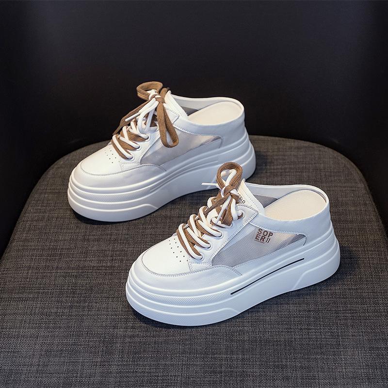 Baotou half slippers women's outer wear 2025 summer new mesh breathable little white shoes thick sole inner height increase women's shoes sandals