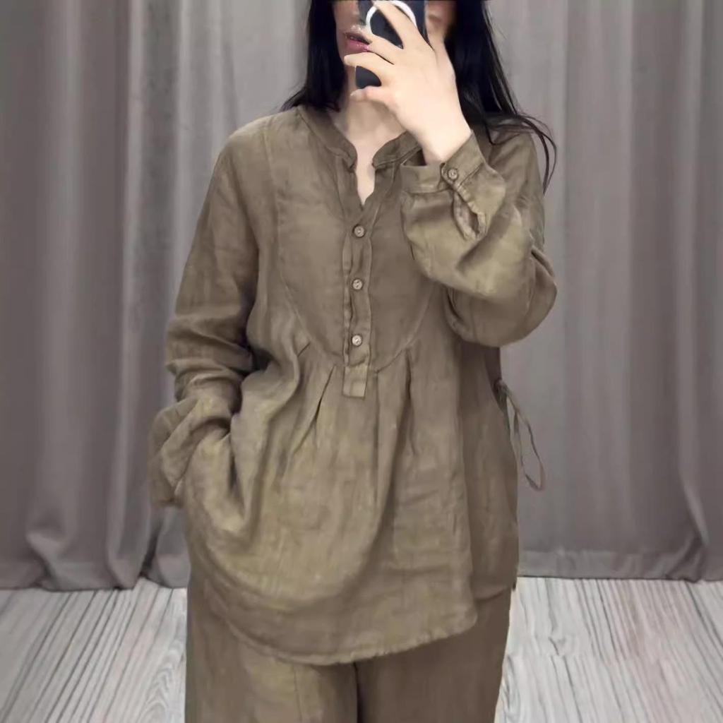 Autumn Fashionable Cotton Linen Long Sleeve Casual Drawstring Pants Set