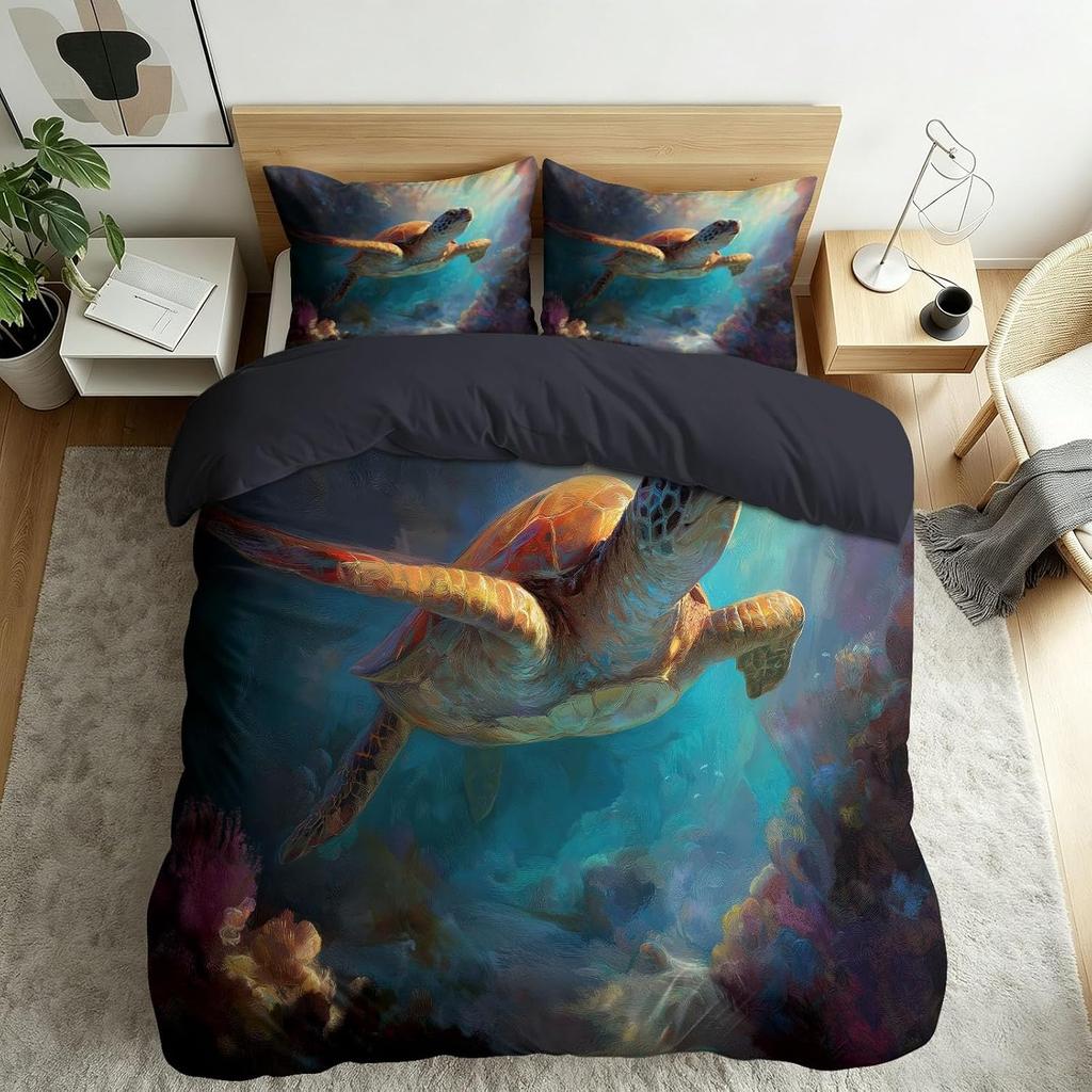 Summer Single Bedding Duvet Cover Set,Ocean Animal Botanical Duvet Set Sea Turtle Octopus Coral Quilt Cover Set with Pillowcases