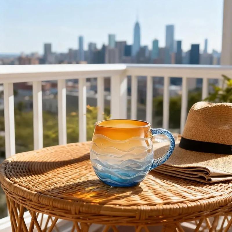 Meerglas Sonnenuntergang Tasse Handgeblasene Ozeanwellenmuster Tasse Einzigartige strukturierte Strand-Thema Tassen Für Tee Meeresinspirierte Trinkgeschirr