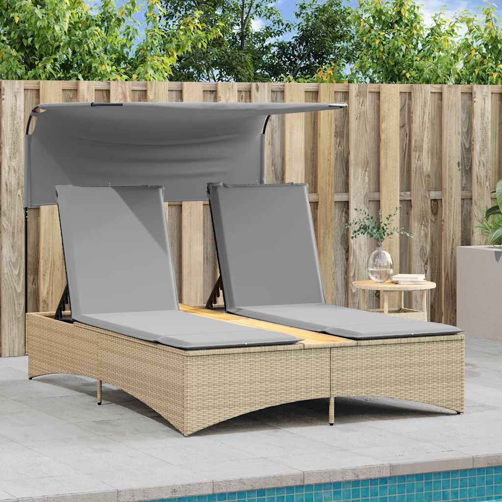 Double Sun Lounger with Canopy and Cushions Beige Poly Rattan