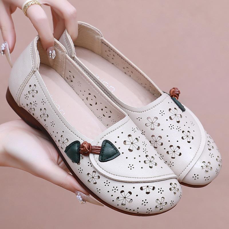 Shoes Summer Middle-aged Sandals Women's Soft-soled Elderly Hollowed-out Hole-hole Single Shoes Beef Tendon Sole Breathable Middle-aged Leather Shoes