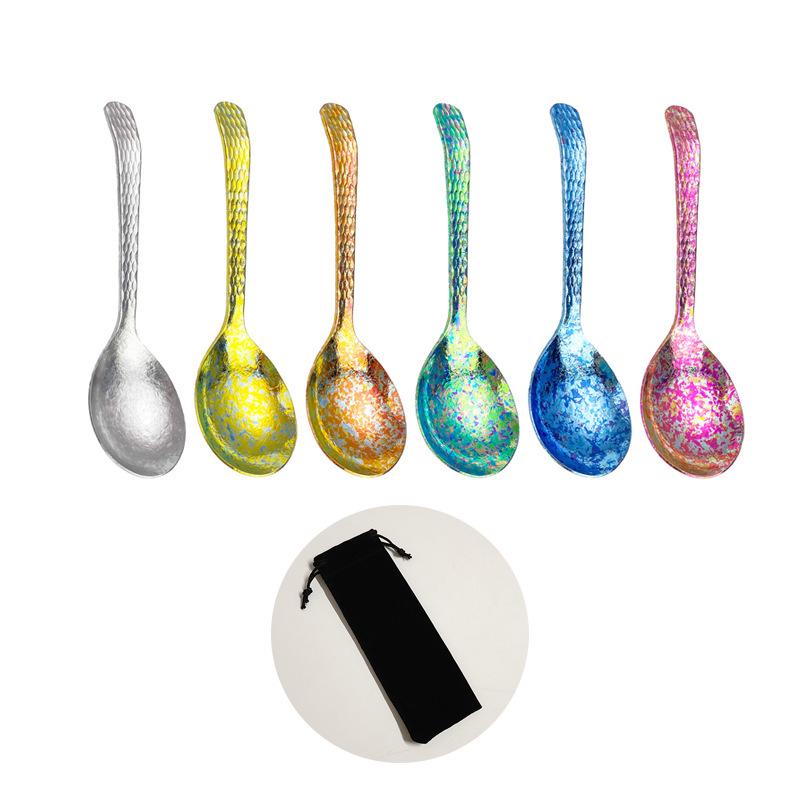 Crystal-Colored Pure Titanium Antibacterial Soup Spoon with Hammered Large Round Head
