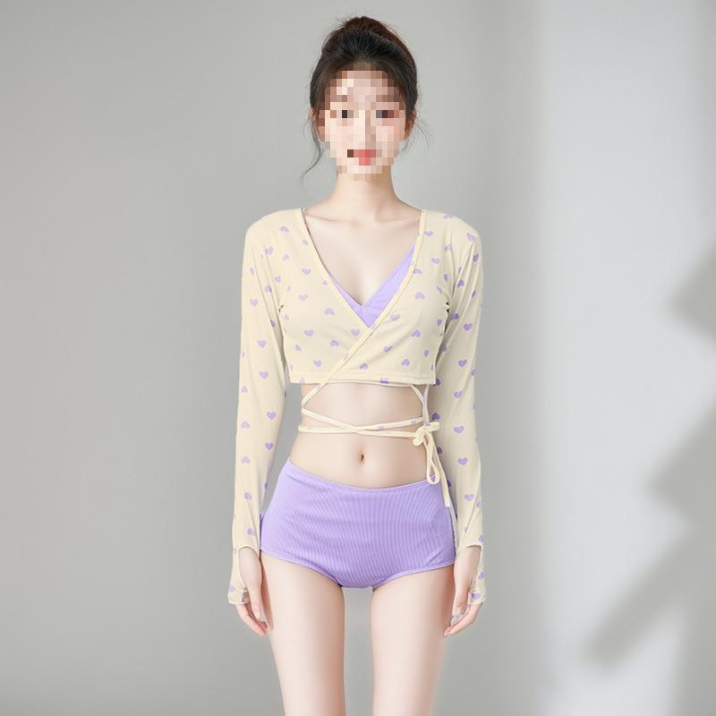 Women's Purple Long-Sleeve Three-Piece Swimsuit Set - High-Waisted, Slimming, Sun-Protective, Split Design.