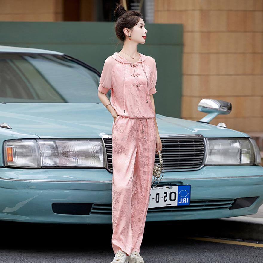 

Повседневный спортивный костюм женский новый модный омолаживающий комплект-двойка с дисковой пряжкой и брюками палаццо из ледяного шелка XXL розовый