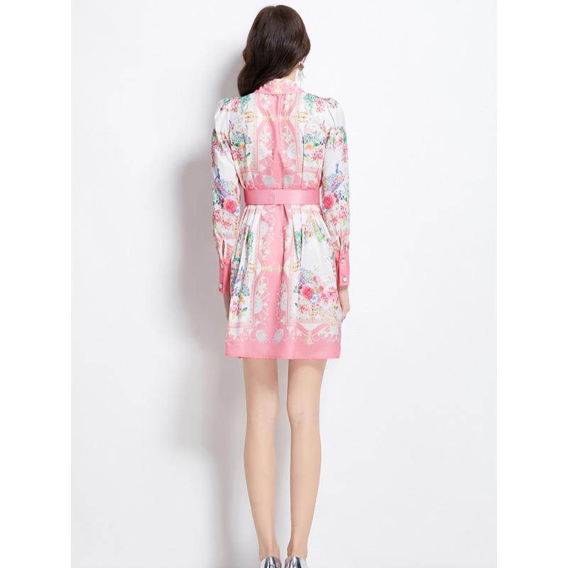 Summer Autumn Women Turn-down Collar Print Single Breasted Shirt Party Mini Short Dresses With Belt