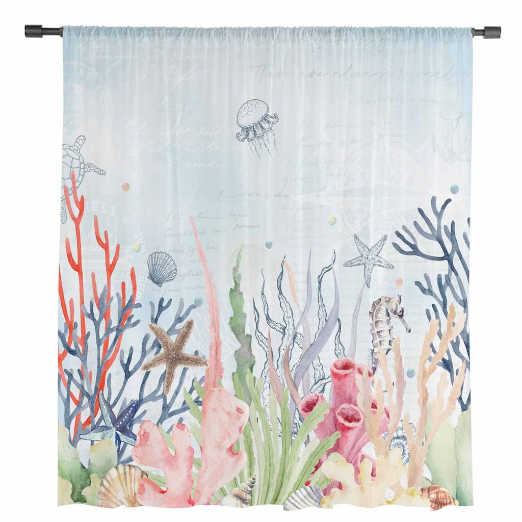 Summer Ocean Coral Shell Starfish Sheer Curtains for Living Room Decoration Window Curtains Kitchen Tulle Voile Organza Curtains