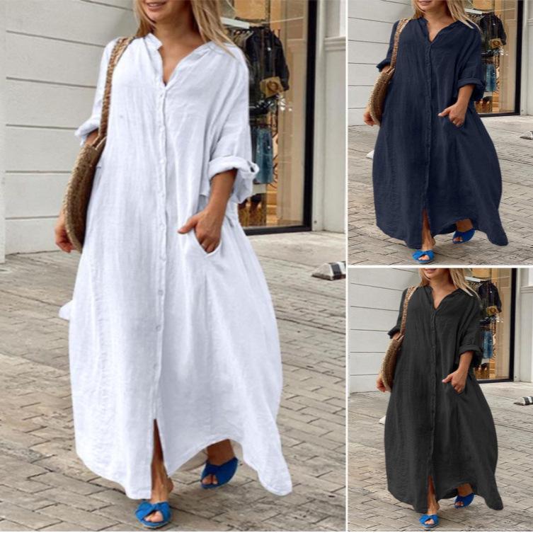 

European & American Casual Cotton Linen Pocket Dress with Shirt Collar - Plus Size Available S