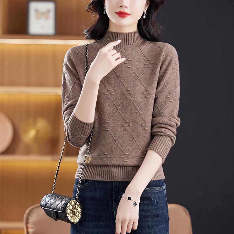 Middle Aged Mom Base Sweater for Autumn and Winter Half High Collar Sweater for Women
