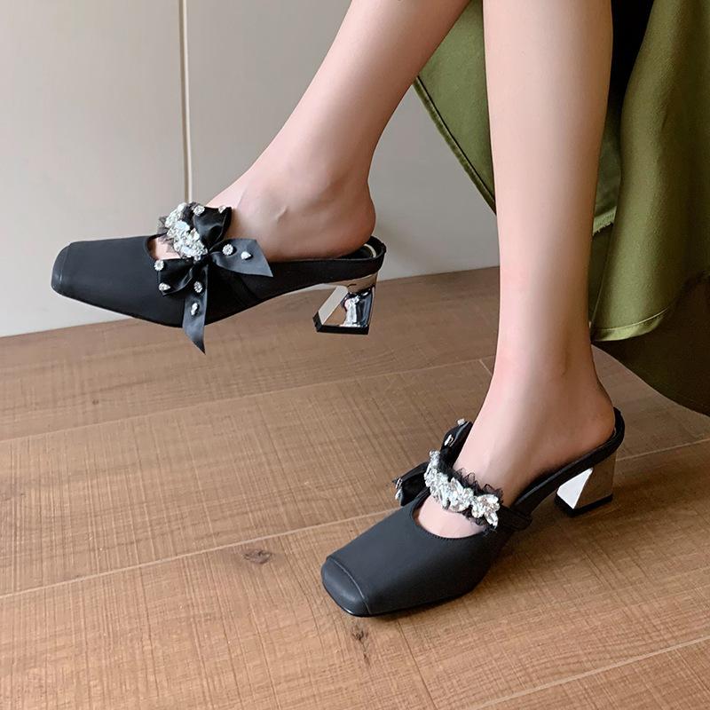 

High-heeled bag head half slippers women s new outer wear bow Mary Jane thick heel square head niche half drag 35 чорний