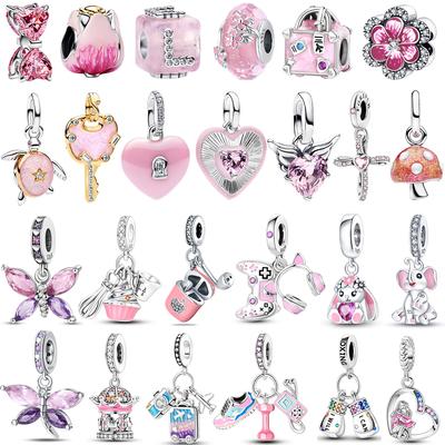 Original 925 Silver Pink Charms Airplane Heart Butterfly Flower Beads Pendants for DIY Bracelet Necklace Jewelry Gift