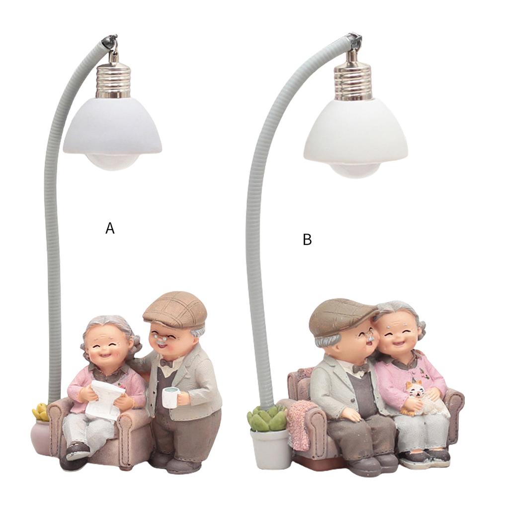 Resin Old Married Couple Adornment with LED Light Elderly Couple Figurine for Bedroom or Living Room Decoration