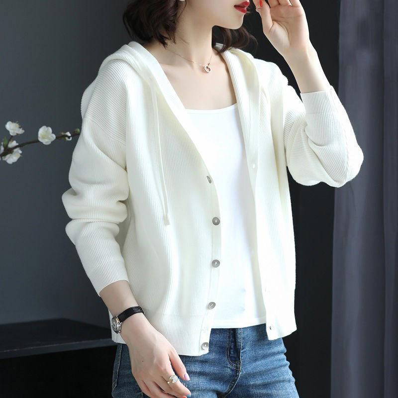 

Осень Зима Однотонный Свободный Повседневный Пуговицы Вязаный Кардиган Женский Простой Все-в-одном Кардиган С Капюшоном Топ onesize белый