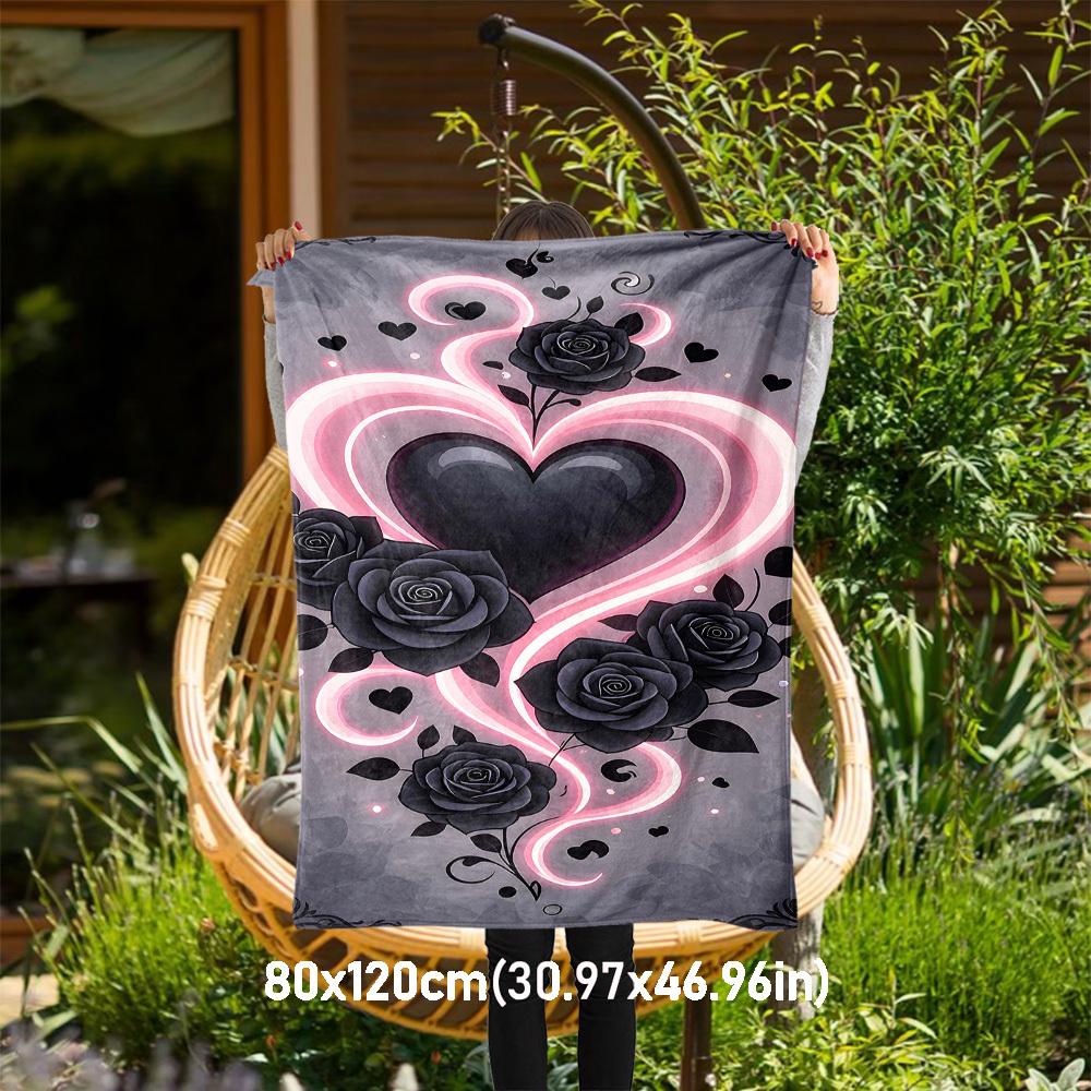 1pc Heart Roses Outdoor Flannel Blanket Soft Warm All-Season Throw for Sofa Bed Car Camping Office, Cozy Gift Idea1275S