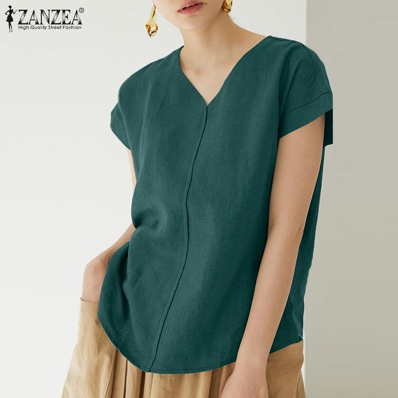 

ZANZEA Женская летняя хлопковая блузка с короткими рукавами и v-образным вырезом, топы